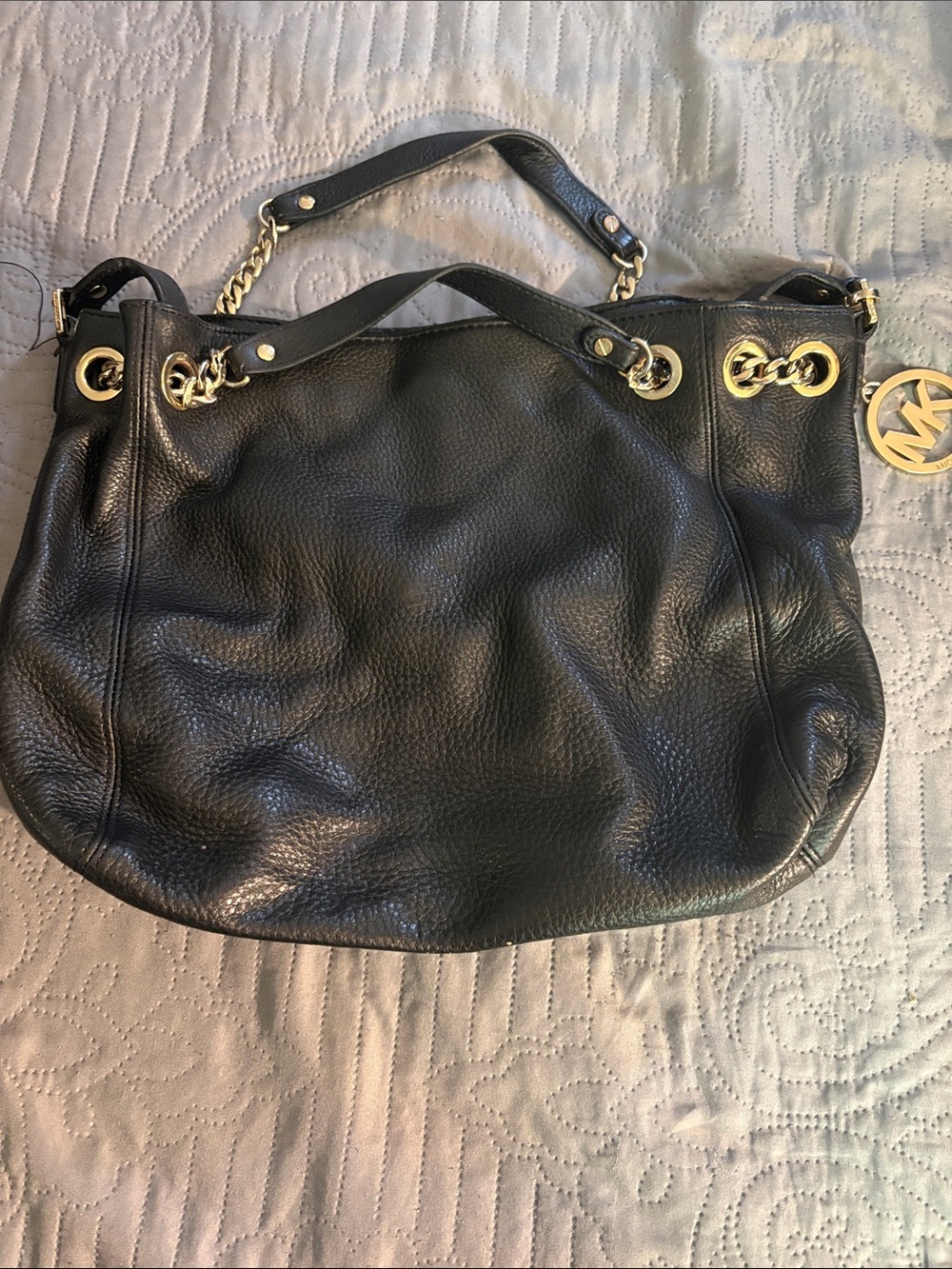 Michael Kors Black Pebbled Leather Shoulder Tote with Gold Accents